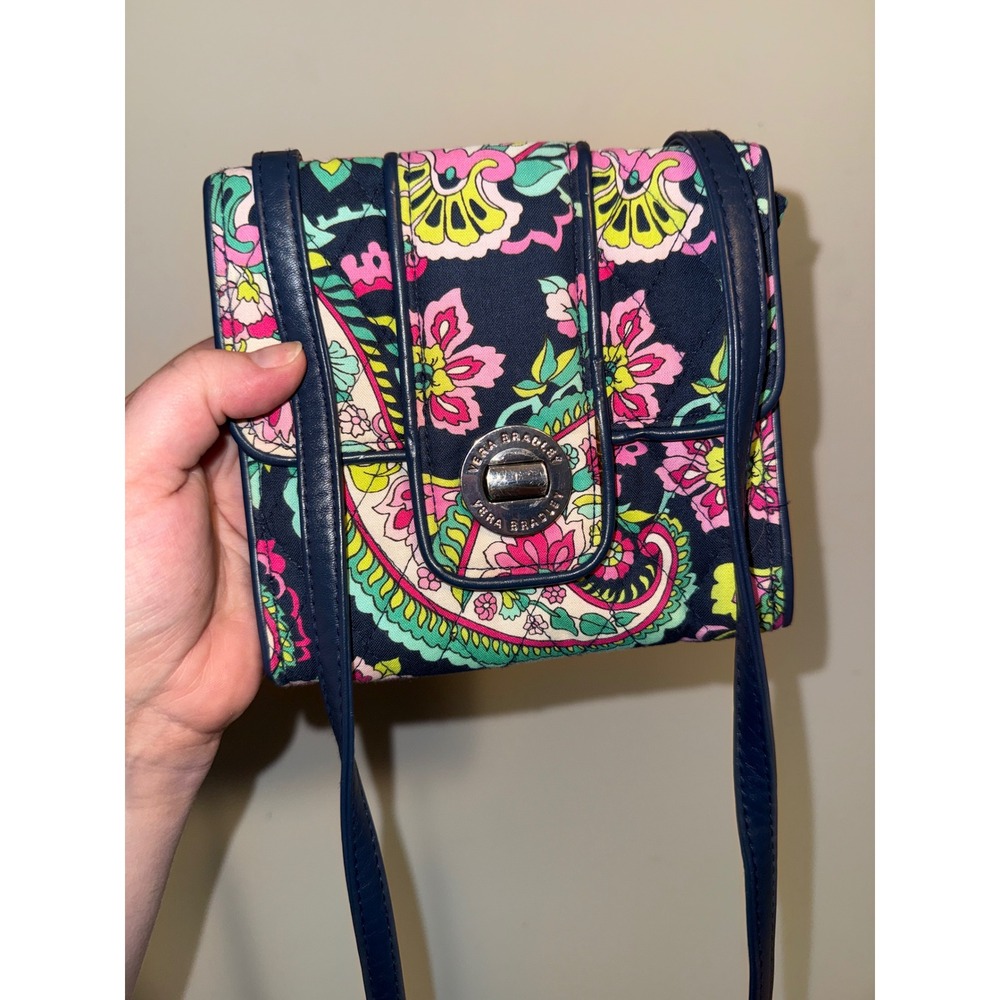 Vera Bradley Quilted Paisley Crossbody Bag Navy Pink Floral Turn Lock Purse